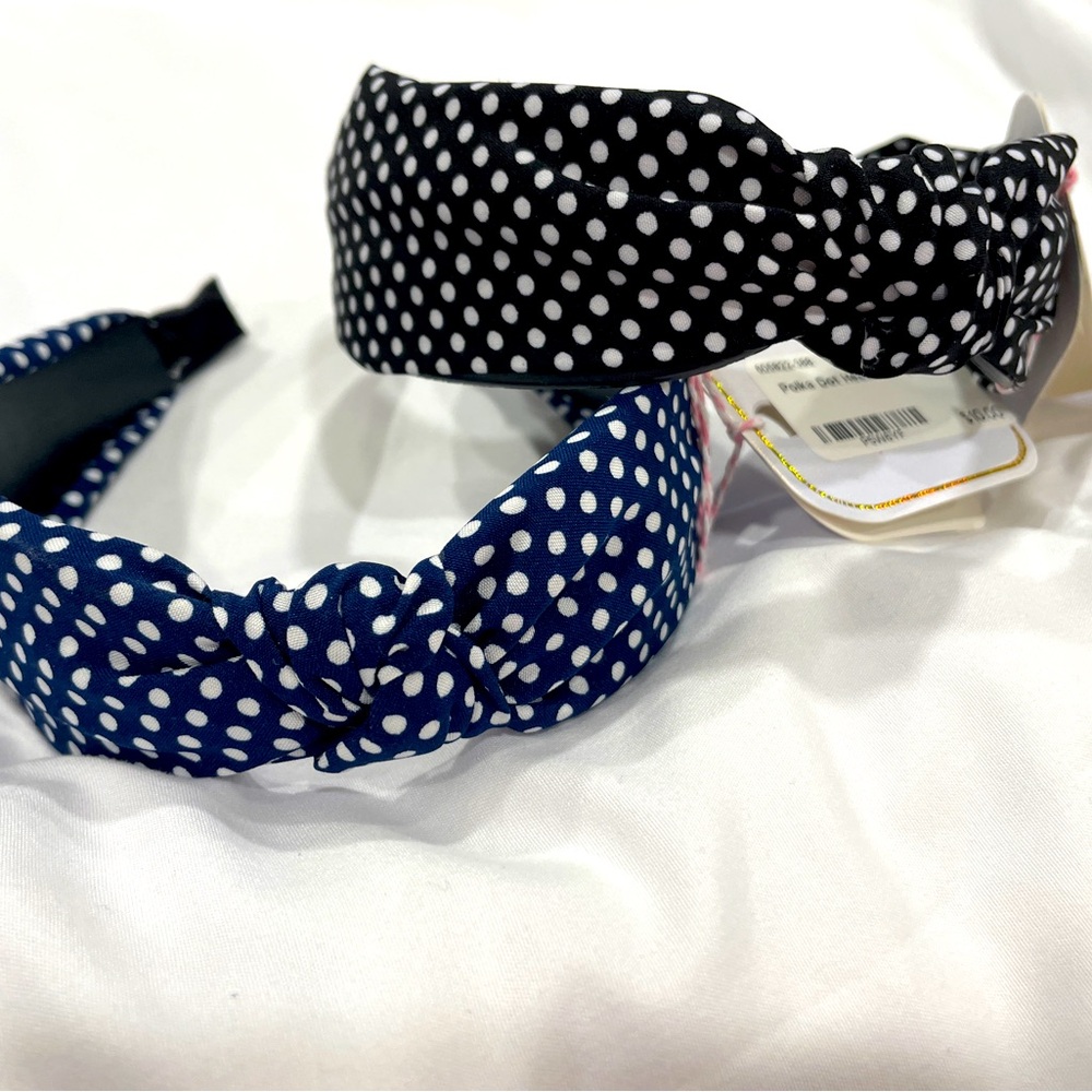 Polka Dot Headbands Set Of 2 Knotted Black, And Blue White Dots Retro Playful
